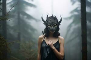 Masked Mysterious Woman in a Forest generative AI photo