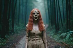 enmascarado misterioso mujer en un bosque generativo ai foto