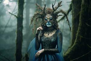 Masked Mysterious Woman in a Forest generative AI photo