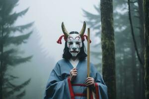 enmascarado misterioso mujer en un bosque generativo ai foto