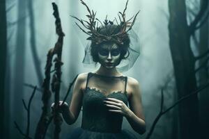 Masked Mysterious Woman in a Forest generative AI photo