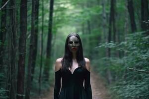 Masked Mysterious Woman in a Forest generative AI photo