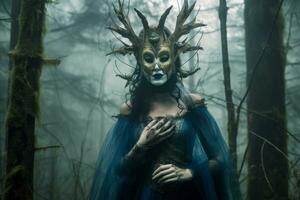 Masked Mysterious Woman in a Forest generative AI photo