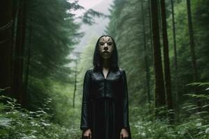 Masked Mysterious Woman in a Forest generative AI photo