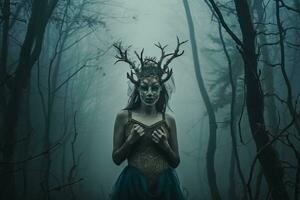 Masked Mysterious Woman in a Forest generative AI photo