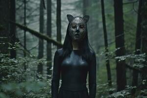 Masked Mysterious Woman in a Forest generative AI photo