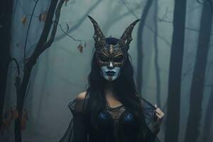 Masked Mysterious Woman in a Forest generative AI photo