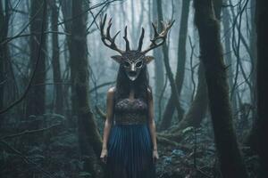 Masked Mysterious Woman in a Forest generative AI photo