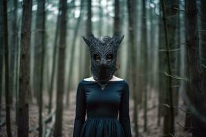 Masked Mysterious Woman in a Forest generative AI photo
