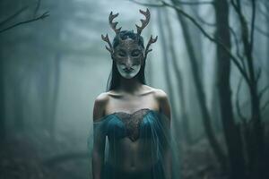 enmascarado misterioso mujer en un bosque generativo ai foto