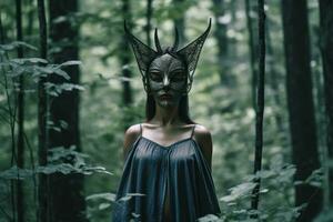 Masked Mysterious Woman in a Forest generative AI photo