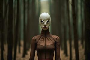 Masked Mysterious Woman in a Forest generative AI photo