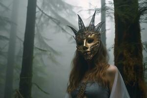 Masked Mysterious Woman in a Forest generative AI photo
