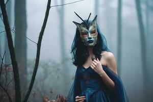 Masked Mysterious Woman in a Forest generative AI photo
