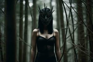 Masked Mysterious Woman in a Forest generative AI photo