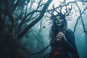 enmascarado misterioso mujer en un bosque generativo ai foto