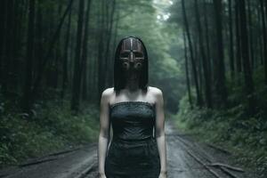 Masked Mysterious Woman in a Forest generative AI photo