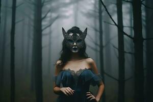 Masked Mysterious Woman in a Forest generative AI photo