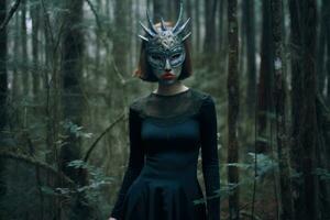 Masked Mysterious Woman in a Forest generative AI photo