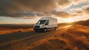 un blanco entrega camioneta transportado en un la carretera a puesta de sol. transporte. generativo ai foto