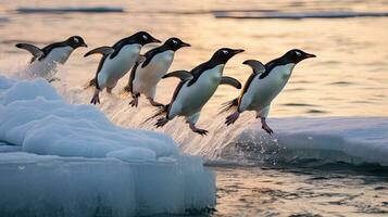 Adelie penguins jump into the ocean from an iceberg. Generative Ai photo
