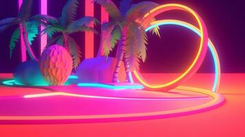 Neon Tropical Synthwave Theme 3D Abstract Background generative AI photo