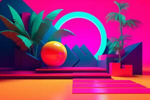 Neon Tropical Synthwave Theme 3D Abstract Background generative AI photo