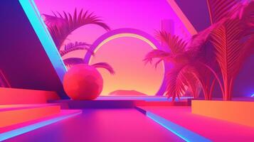 Neon Tropical Synthwave Theme 3D Abstract Background generative AI photo
