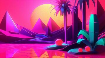 Neon Tropical Synthwave Theme 3D Abstract Background generative AI photo