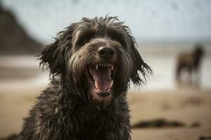 retrato de un perro jugando en un playa generativo ai foto