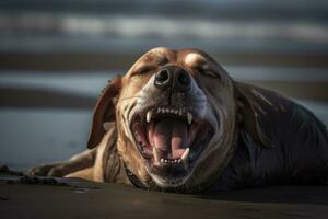 portrait of a dog playing on a beach generative AI photo