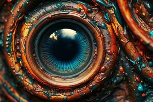 único de cerca de un exótico ojo fusionado con tecnología y naturaleza generativo ai foto