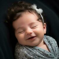 a baby is smiling while laying on a blanket generative ai photo