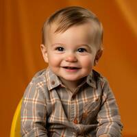 a baby sitting on a yellow chair smiling at the camera generative ai photo