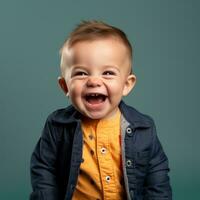 a baby laughing in front of a blue background generative ai photo