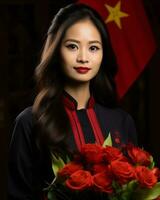 un hermosa asiático mujer participación un ramo de flores de rojo rosas en frente de un vietnamita bandera generativo ai foto