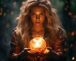 a beautiful blonde woman holding a glowing ball in her hands generative ai photo