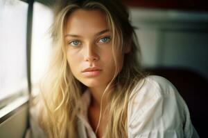 a beautiful blond woman with blue eyes looking out the window generative ai photo