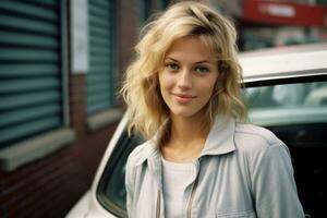 a beautiful blond woman standing in front of a white car generative ai photo