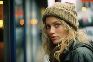 a beautiful blonde woman in a beanie looking into the distance generative ai photo