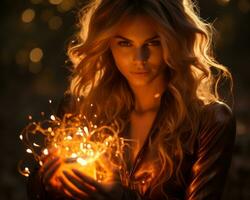 a beautiful blonde woman holding a glowing ball of light generative ai photo