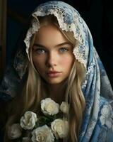 un hermosa rubia mujer en un azul chal participación un ramo de flores de blanco flores generativo ai foto