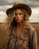 a beautiful blonde woman in a cowboy hat standing in the middle of a field generative ai photo
