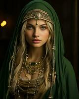 a beautiful blonde woman in a green dress with gold jewelry generative ai photo