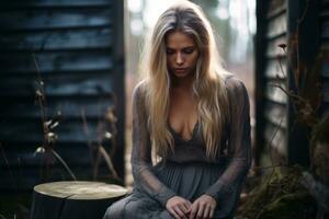 a beautiful blonde woman in a dress sitting on a log generative ai photo