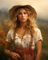 a beautiful blonde woman in a hat and overalls standing in a field generative ai photo