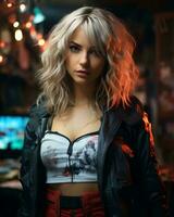 a beautiful blonde woman in a leather jacket and red skirt generative ai photo