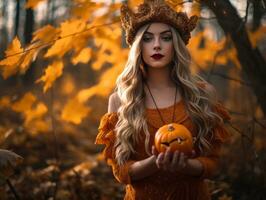 a beautiful blonde woman in a halloween costume holding a pumpkin generative ai photo