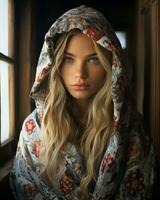 a beautiful blonde woman in a hooded robe generative ai photo