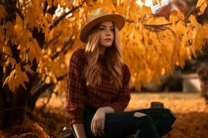 a beautiful blonde woman in a plaid shirt and hat sits in the autumn leaves generative ai photo